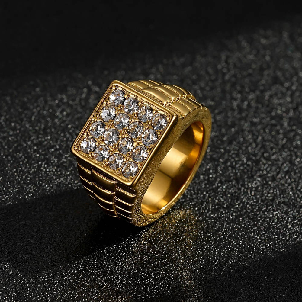 Gold Waterproof Watchlink Ring With Stones Size R/T/V